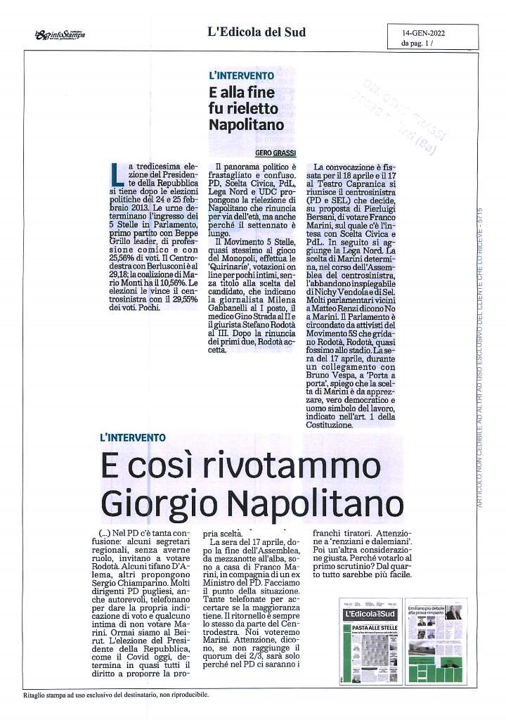 L’EDICOLA DEL SUD – Gero Grassi: E alla fine fu rieletto Napolitano – 14 gennaio 2022