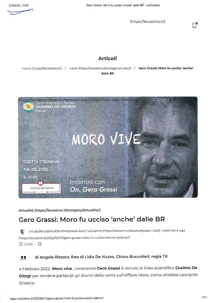 LECOSIMO – Gero Grassi: Moro fu ucciso anche dalle BR – 21 febbraio 2022