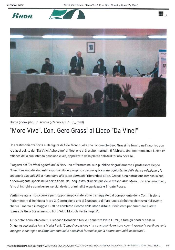 NOCI GAZZETTINO – ‘Moro Vive’. L’on. Gero Grassi al Liceo Da Vinci – 21 febbraio 2022