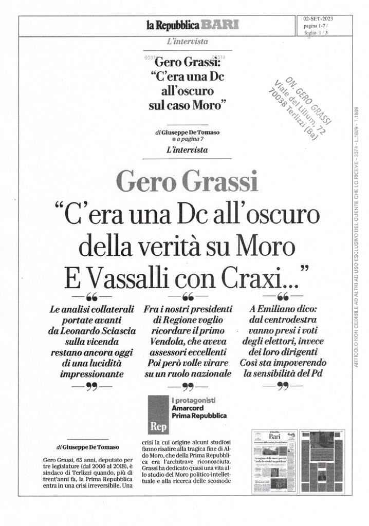 LA REPUBBLICA – Gero Grassi: C’era una Dc all’oscuro sul Caso Moro – 2 settembre 2023