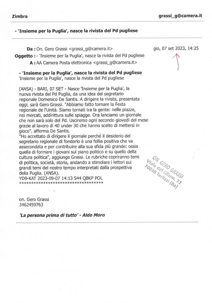 ANSA – Insieme per la Puglia, nasce la rivista del Pd pugliese – 7 settembre 2023