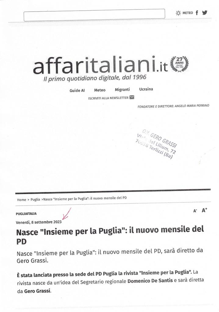 AFFARITALIANI.IT – Nasce Insieme per la Puglia il nuovo mensile del PD – 8 settembre 2023