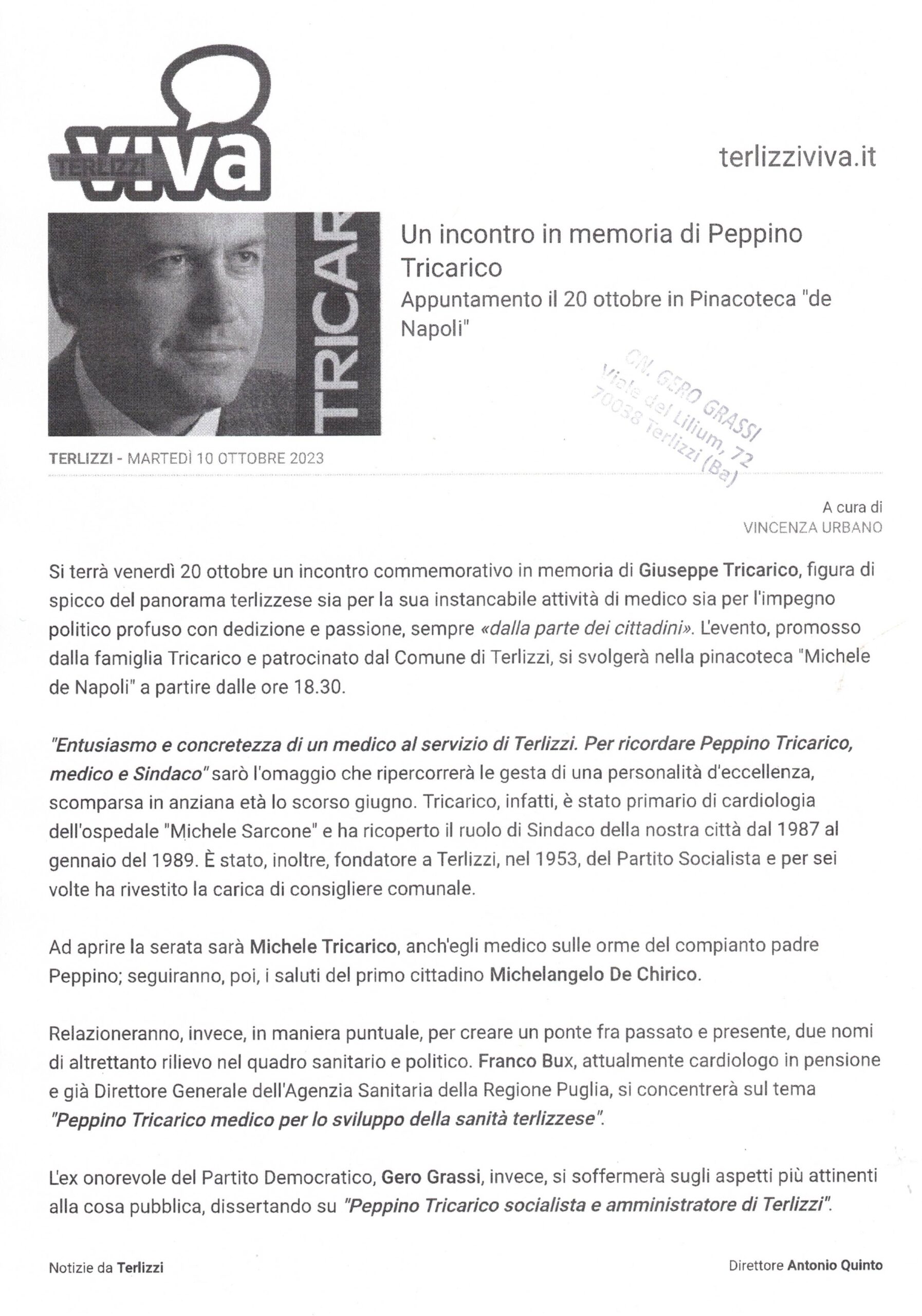 TERLIZZIVIVA – Un incontro in memoria di Peppino Tricarico. Appuntamento il 20 ottobre in Pinacoteca De Napoli – 10 ottobre 2023