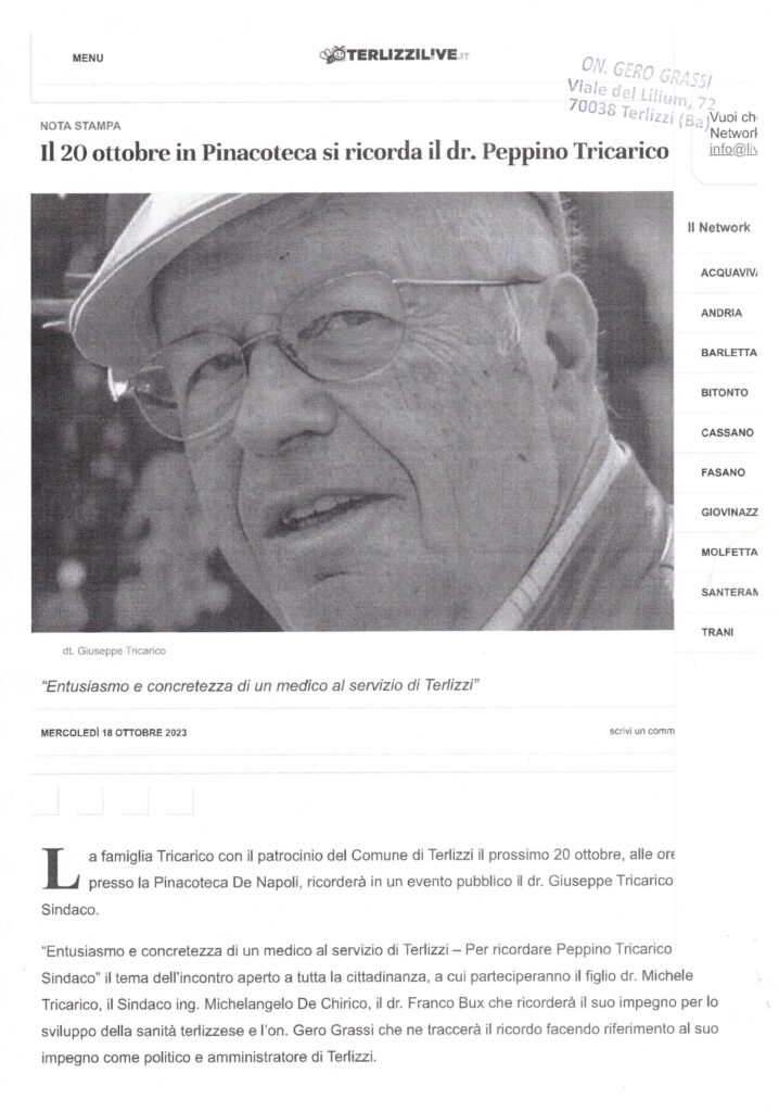 TERLIZZILIVE – Il 20 ottobre in Pinacoteca si ricorda il dr. Peppino Tricarico – 18 ottobre 2023
