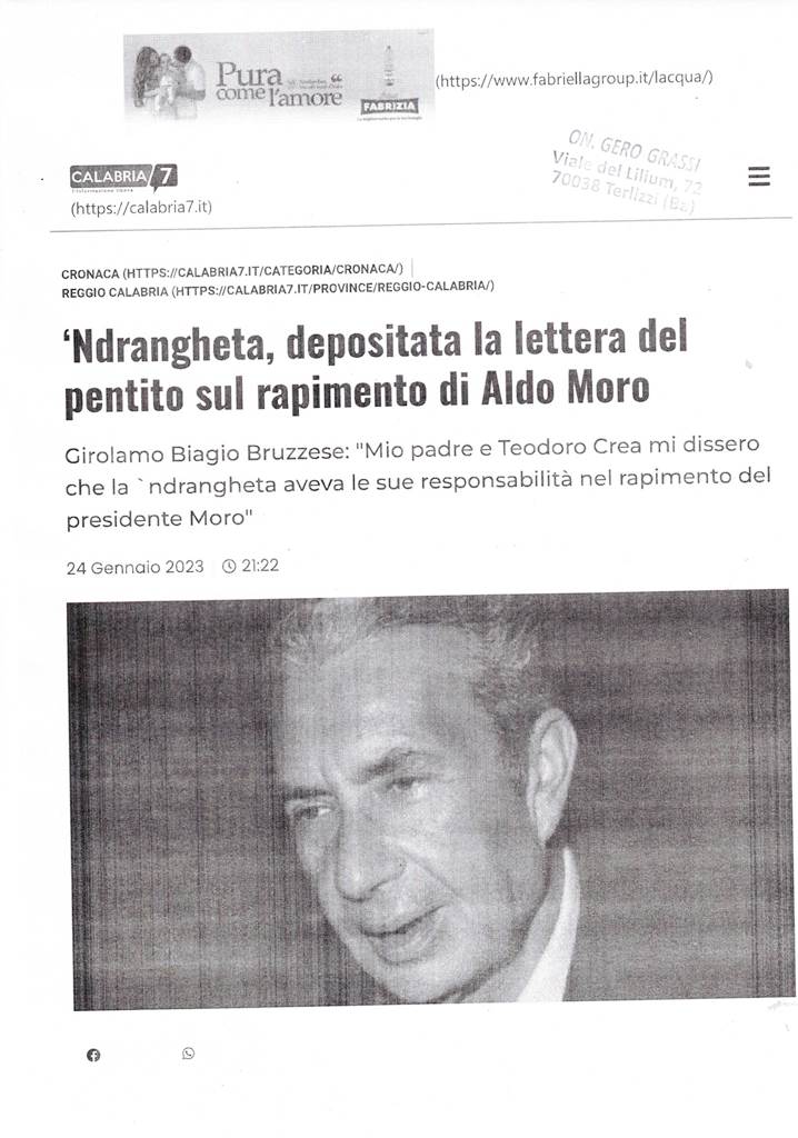 CALABRIA 7 – Ndrangheta, depositata la lettera del pentito sul rapimento di Aldo Moro – 24 gennaio 2023