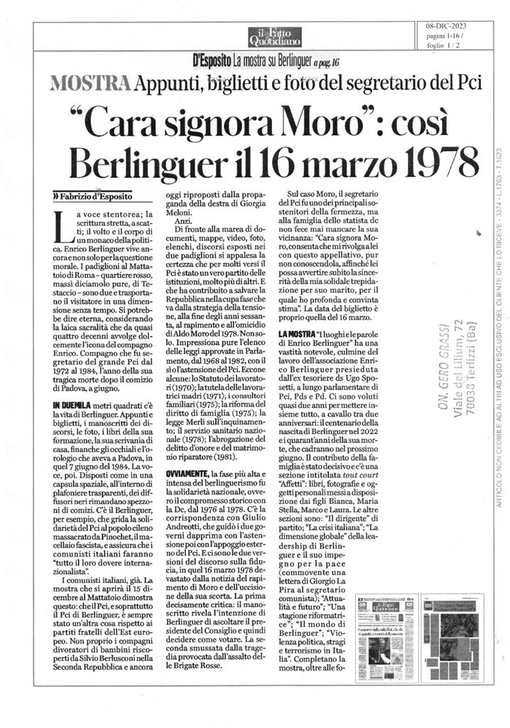 IL FATTO QUOTIDIANO – “Cara signora Moro”: così Berlinguer il 16 marzo 1978 – 8 dicembre 2023