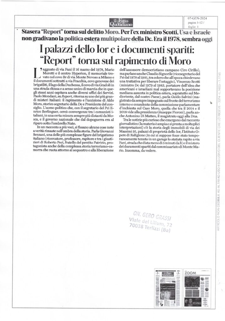 IL FATTO QUOTIDIANO – I palazzi dello lor e i documenti spariti: “Report” torna sul rapimento di Moro – 7 gennaio 2024
