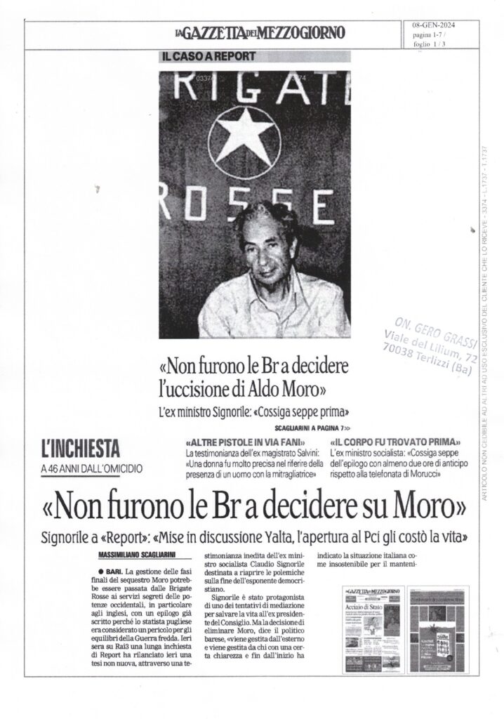 LA GAZZETTA DEL MEZZOGIORNO – Il Caso a Report. Non furono le Br a decidere l’uccisione di Aldo Moro – 8 gennaio 2024