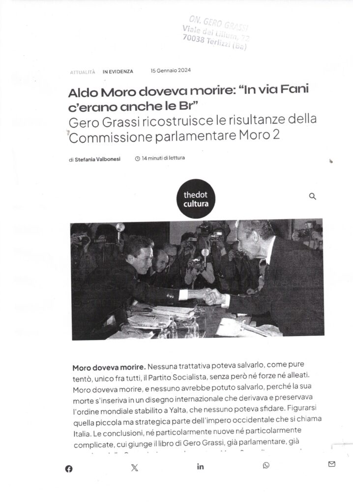 THEDOT CULTURA – Aldo Moro doveva Morire: “In via Fani c’erano anche le Br”. Gero Grassi ricostruisce le risultanze della Commissione parlamentare Moro 2 – 15 gennaio 2024