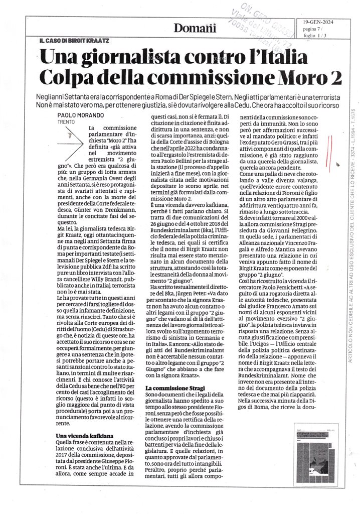 DOMANI – Una giornalista contro l’Italia. Colpa della Commissione Moro 2 – 19 gennaio 2024