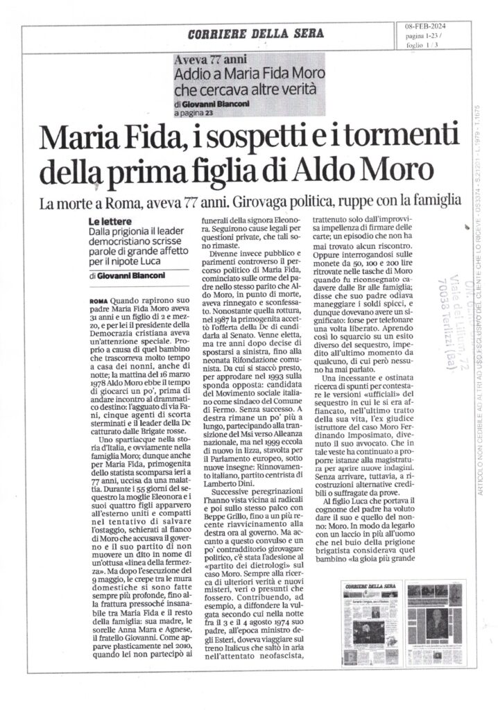 IL CORRIERE DELLA SERA – Maria Fida, i sospetti  e i tormenti della prima figlia di Aldo Moro – 8 febbraio 2024