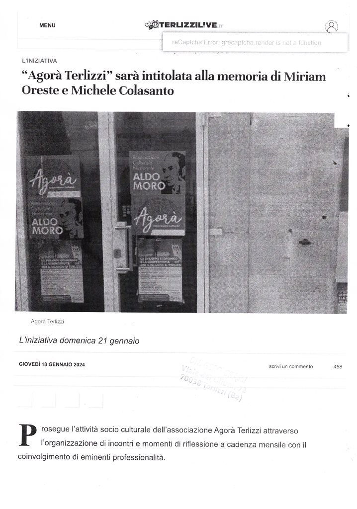 TERLIZZILIVE – Agorà Terlizzi sarà intitolata alla memoria di Miriam Oreste e Michele Colasanto – 21 gennaio 2024