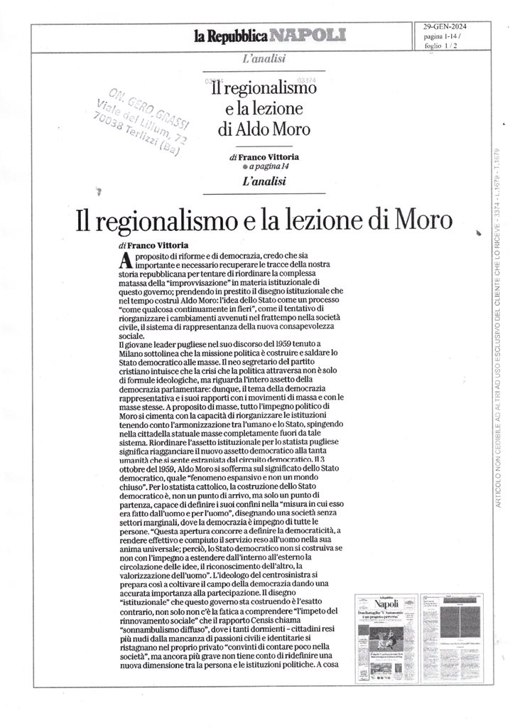 LA REPUBBLICA – Il regionalismo e la lezione di Aldo Moro – 29 gennaio 2024