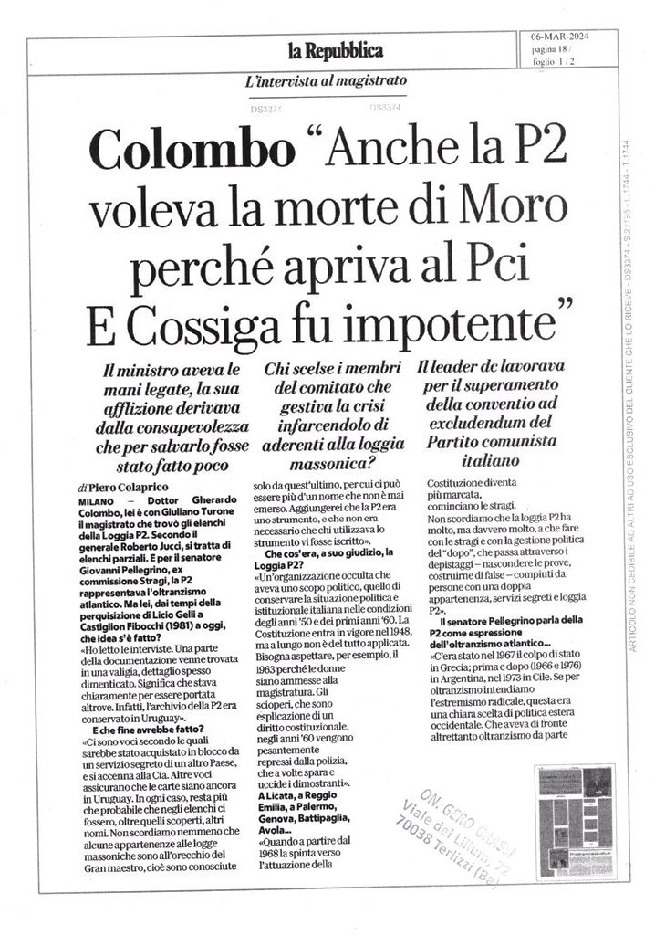 LA REPUBBLICA – Colombo “Anche la P2 voleva la morte di Moro perchè apriva al Pci. E Cossiga fu impotente” – 6 marzo 2024