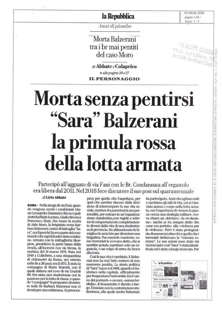 LA REPUBBLICA – Morta Balzerani tra i br pentiti del caso Moro – 5 marzo 2024