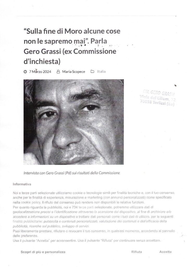 POLICIMAKERMAG.IT – “Sulla fine di Moro alcune cose non le sapremo mai”. Parla Gero Grassi (ex commissione d’inchiesta) – 7 marzo 2024