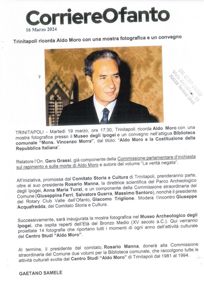 CORRIERE DI OFANTO – Trinitapoli ricorda Aldo Moro con una mostra fotografica e un convegno – 16 marzo 2024
