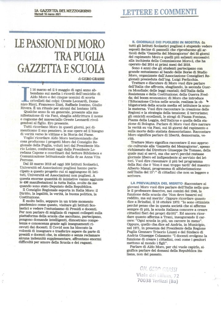 LA GAZZETTA DEL MEZZOGIORNO – Le passioni di Moro tra Puglia e Gazzetta e Scuola – 16 marzo 2024
