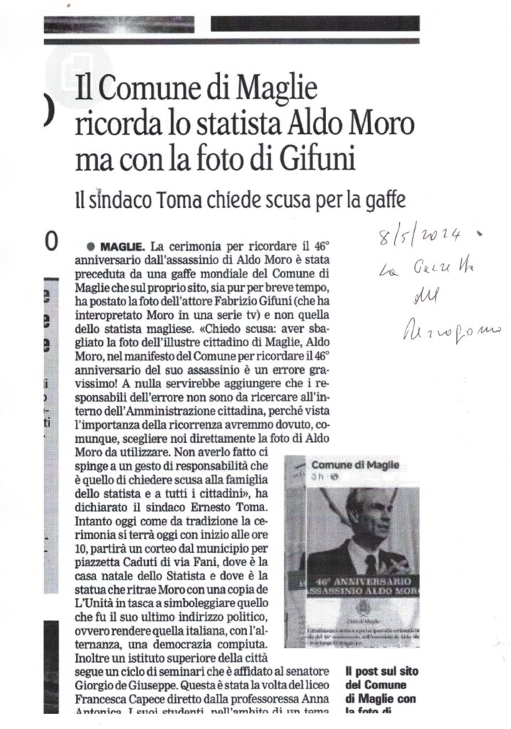 LA GAZZETTA DEL MEZZOGIORNO – Il Comune di Maglie ricorda lo statista Aldo Moro ma con la foto di Gifuni – 8 maggio 2024