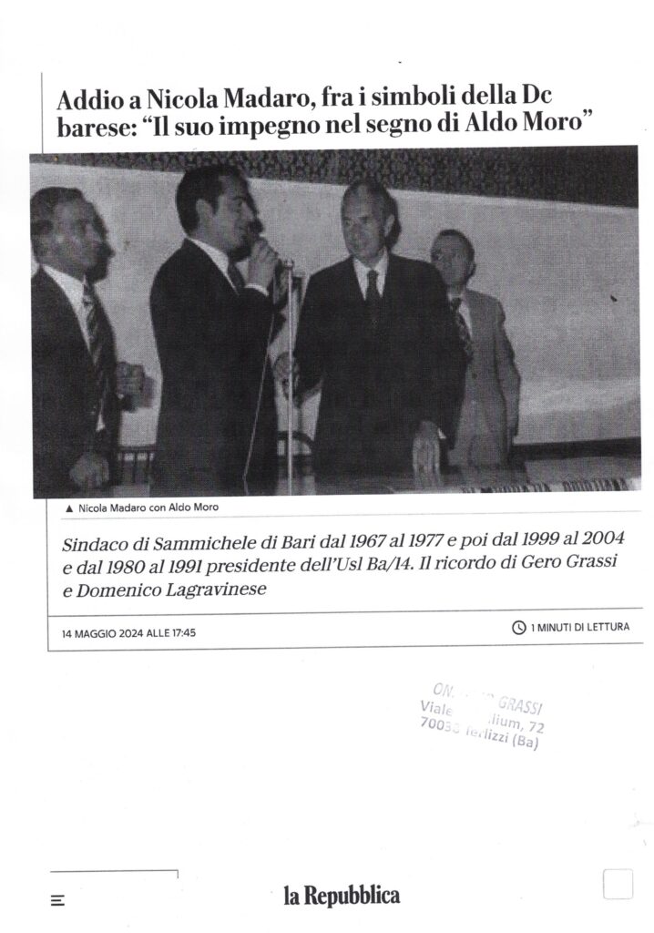 LA REPUBBLICA – Addio a Nicola Madaro, fra i simboli della DC barese: “Il suo impegno nel segno di Aldo Moro” – 14 maggio 2024
