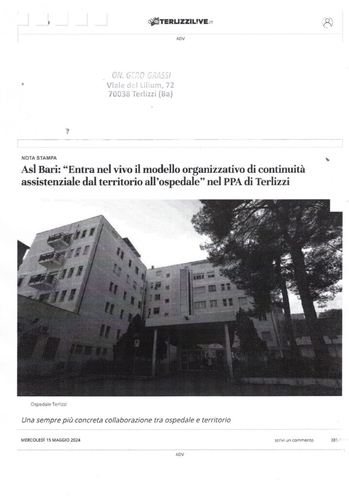 TERLIZZILIVE – Asl Bari: “Entra nel vivo il modello organizzativo di continuità assistenziale dal territorio all’ospedale” nel PPA di Terlizzi – 15 maggio 2024