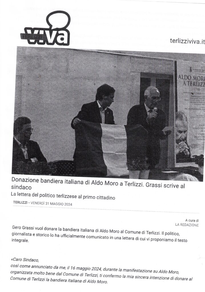 TERLIZZIVIVA – Donazione di bandiera italiana di Aldo Moro a Terlizzi. Grassi scrive al Sindaco – 31 maggio 2024