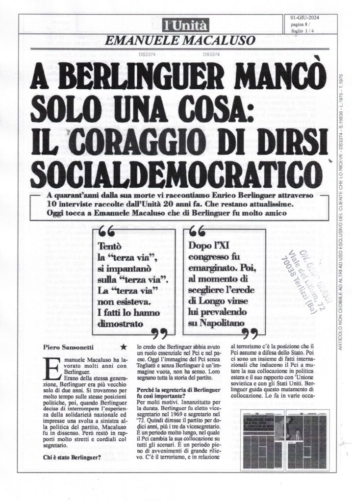 L’UNITA’ – A Berlinguer mancò solo una cosa: il coraggio di dirsi socialdemocratico – 1 giugno 2024-