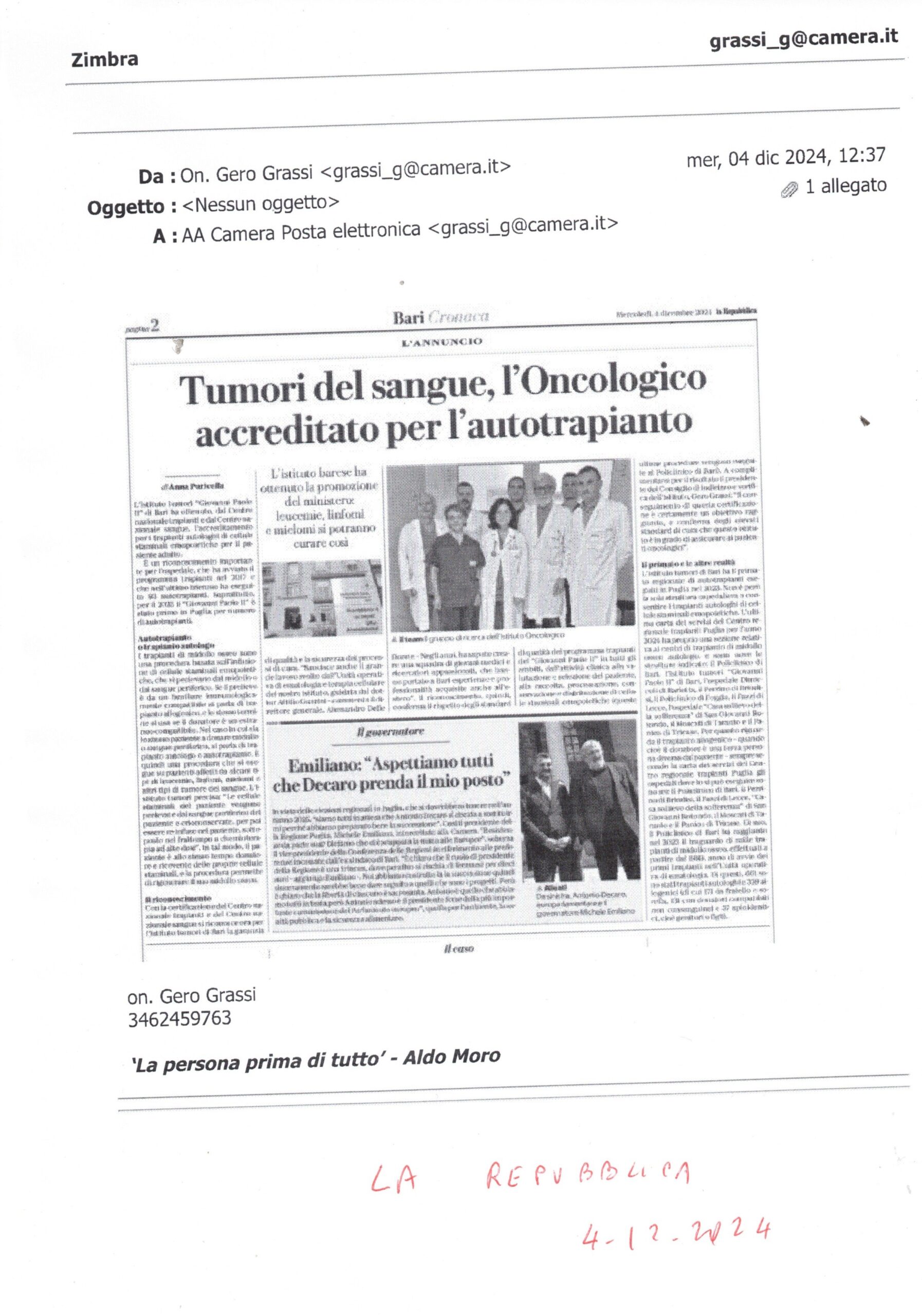 LA REPUBBLICA – Tumori del sangue. L’oncologo accreditato per l’autotrapianto – 4 dicembre 2024