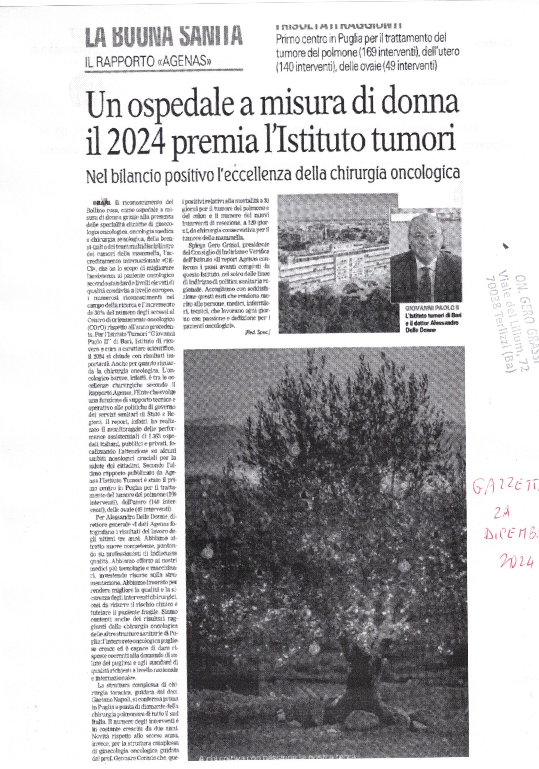 LA GAZZETTA DEL MEZZOGIORNO – Un ospedale a misura di donna, il 2024 premia l’Istituto tumori – 29 dicembre 2024